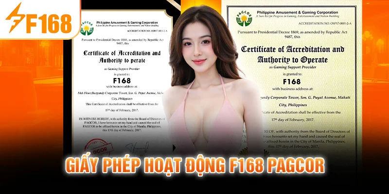 Giấy phép hoạt động F168 PAGCOR